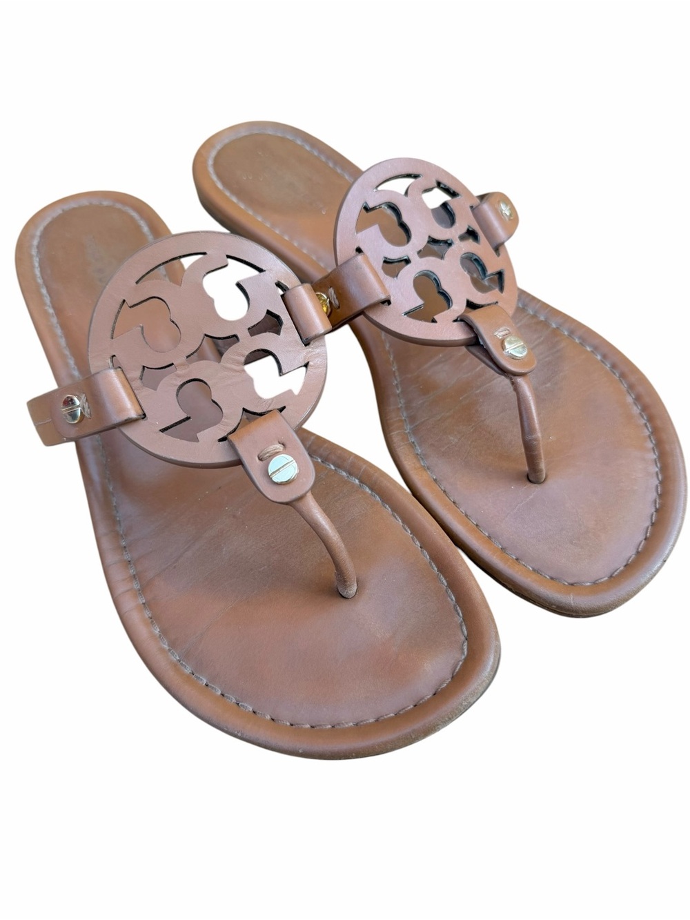 Tory Burch Miller Sandals Brown Leather Logo Thong Flats Size 8 - Picture 4 of 8